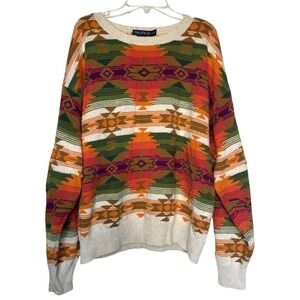 90s Vintage Nautica Aztec Southwestern Sweater Medium Cotton Knit Cabin Core